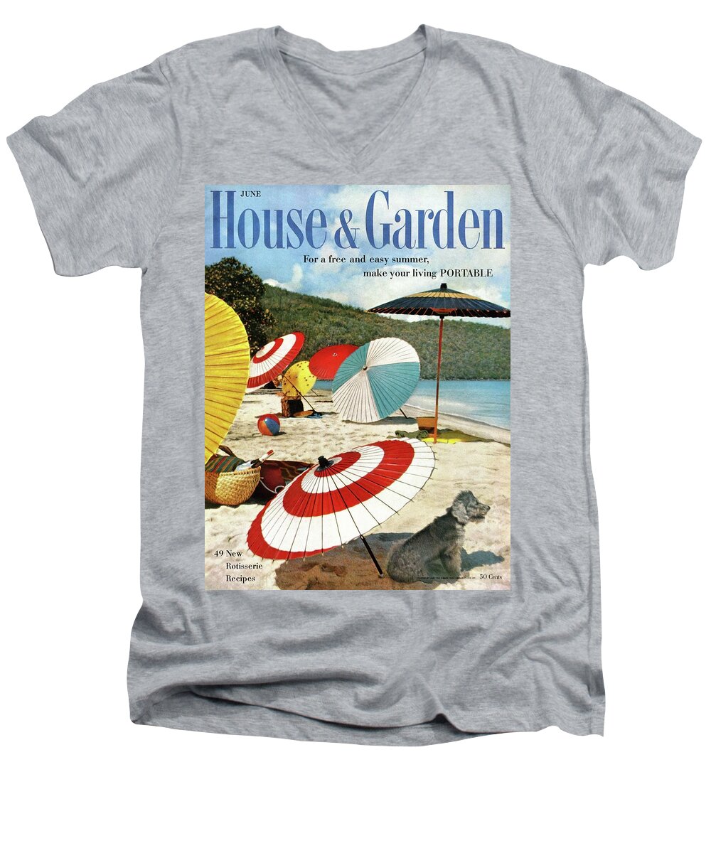 Exterior Men's V-Neck T-Shirt featuring the photograph House And Garden Featuring Umbrellas On A Beach by Otto Maya & Jess Brown