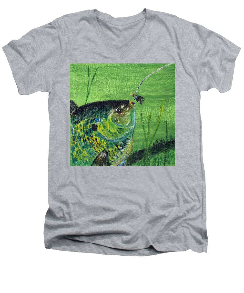 Fish Men's V-Neck T-Shirt featuring the painting Hungry Bluegill by Linda Feinberg