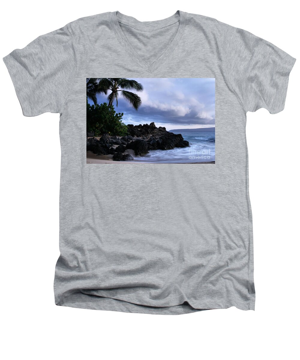 Aloha Men's V-Neck T-Shirt featuring the photograph I ke kai Hawanawana Eia kuu lei Aloha - Paako Beach Maui Hawaii by Sharon Mau