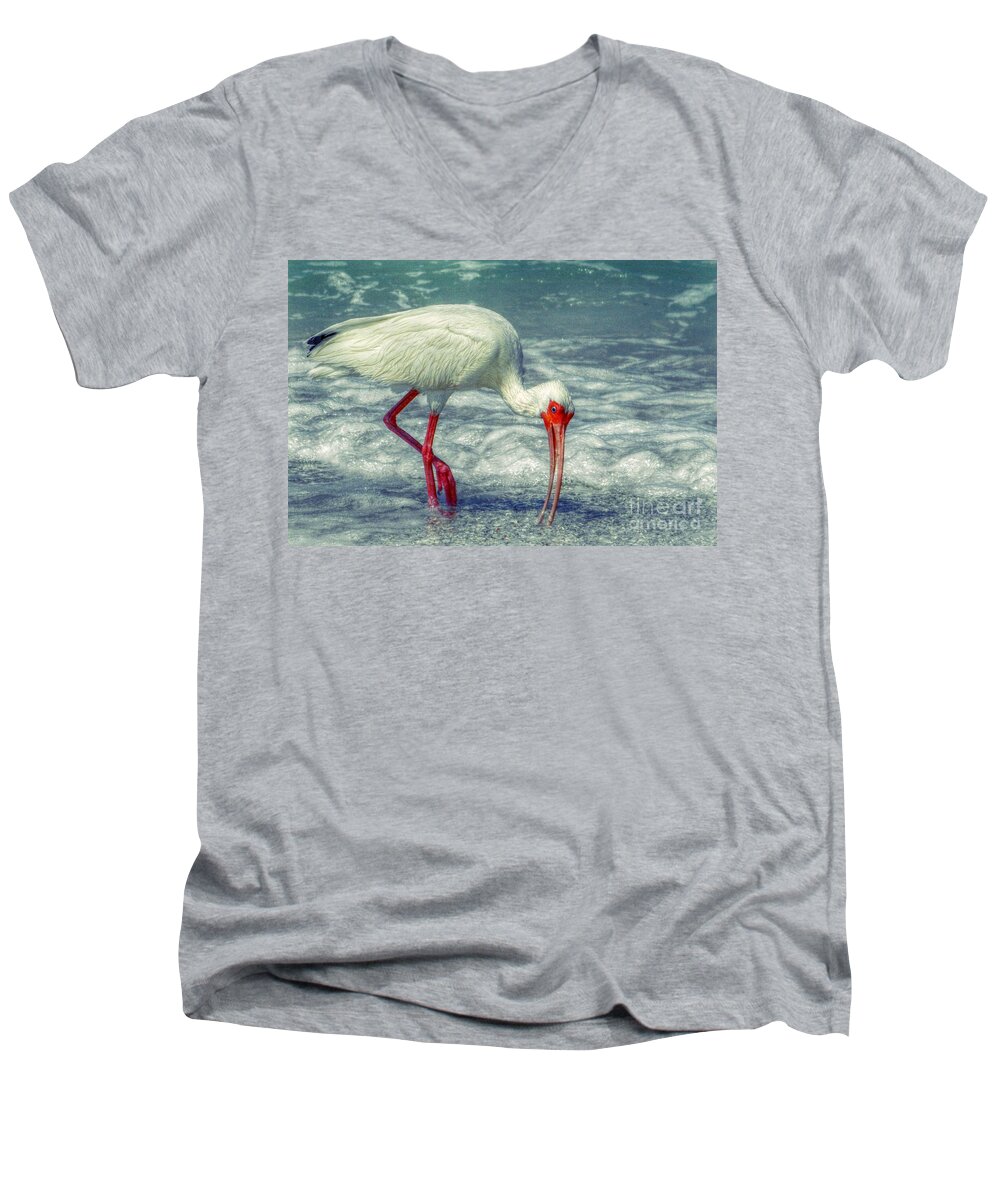 Ibis Men's V-Neck T-Shirt featuring the digital art Ibis Feeding by Valerie Reeves