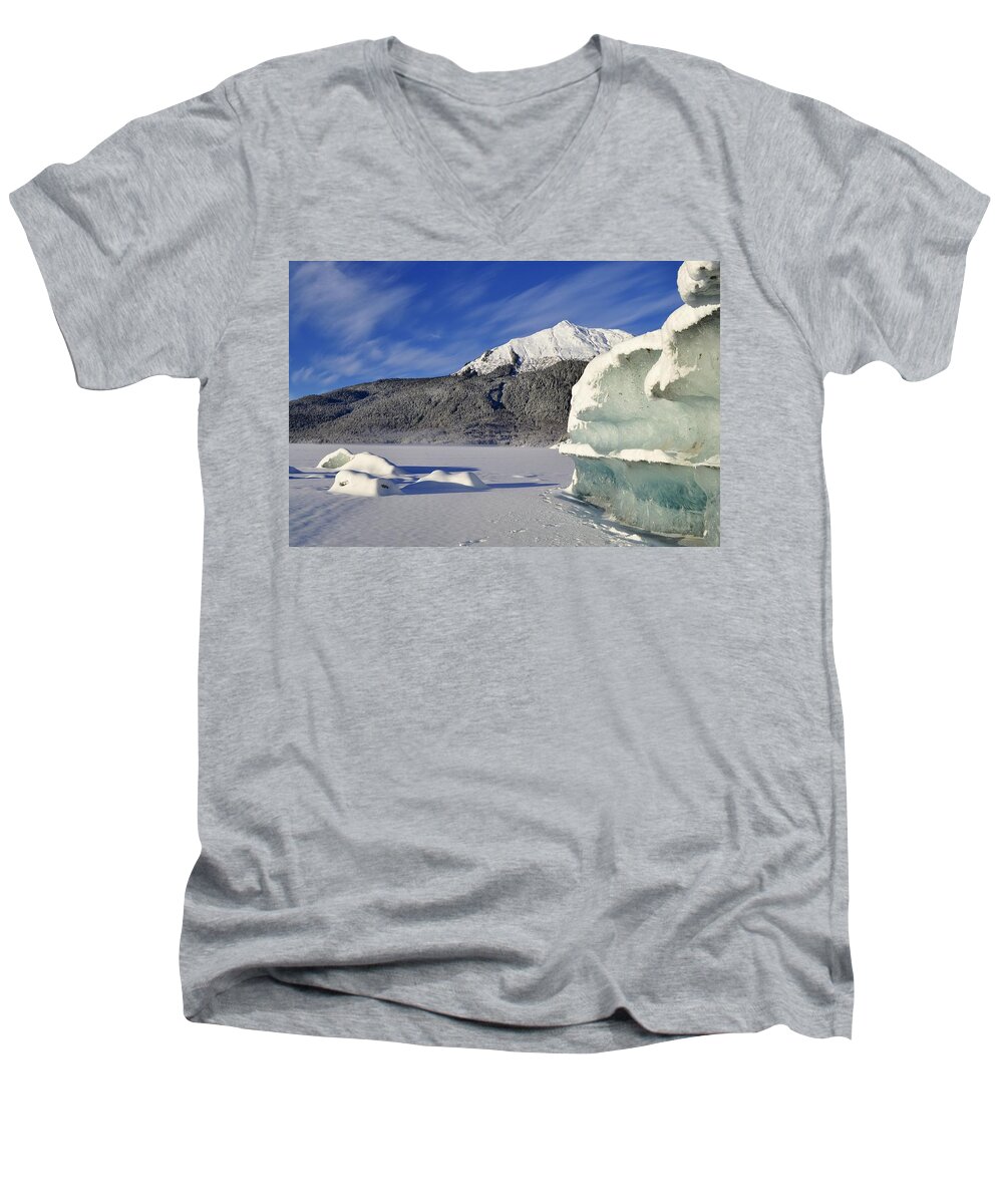 Iceberg Men's V-Neck T-Shirt featuring the photograph Iceberg and Mount McGinnis by Cathy Mahnke