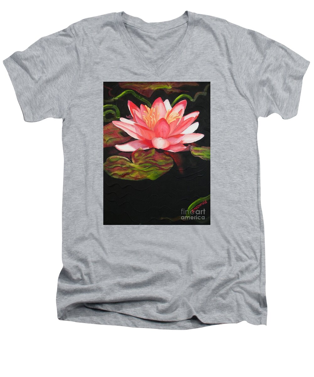 Lotus Men's V-Neck T-Shirt featuring the painting In Full Bloom by Janet McDonald