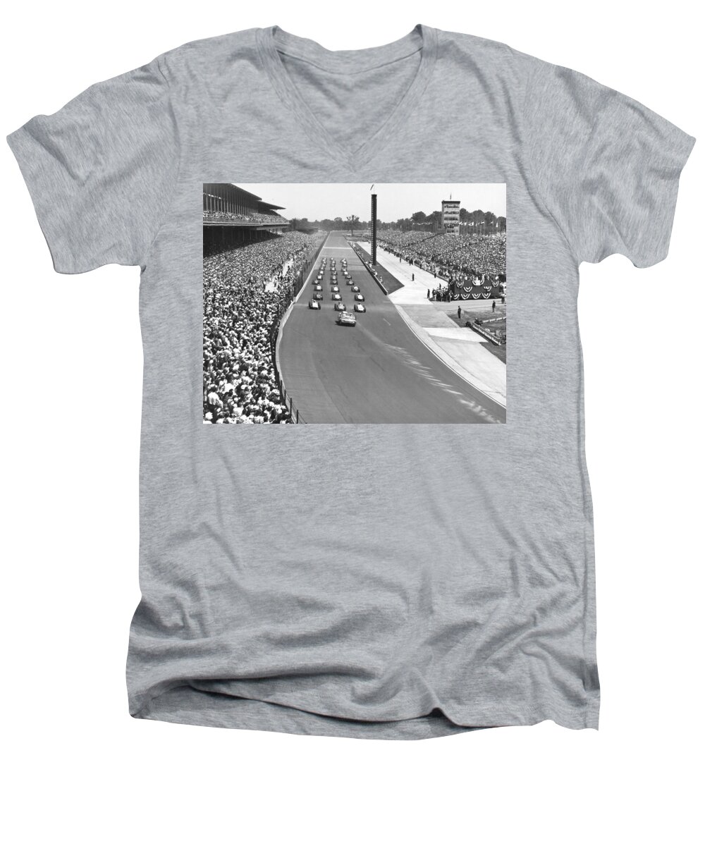 1950's Men's V-Neck T-Shirt featuring the photograph Indy 500 Parade Lap by Underwood Archives