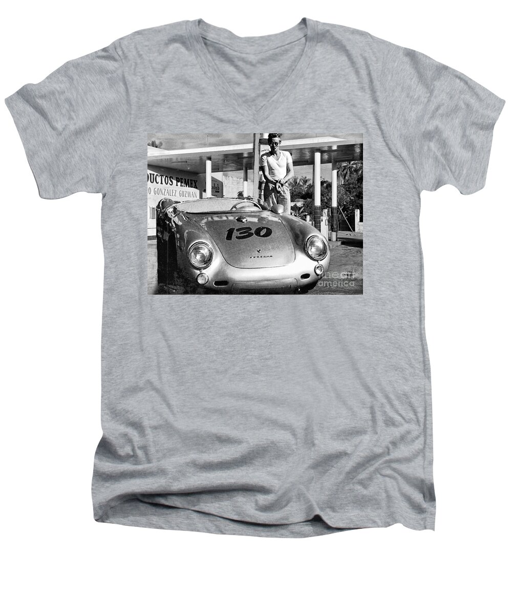 Art Digital Art Men's V-Neck T-Shirt featuring the photograph James Dean filling his Porsche 550 Spyder, in a Gas Station in Mexico. by Doc Braham