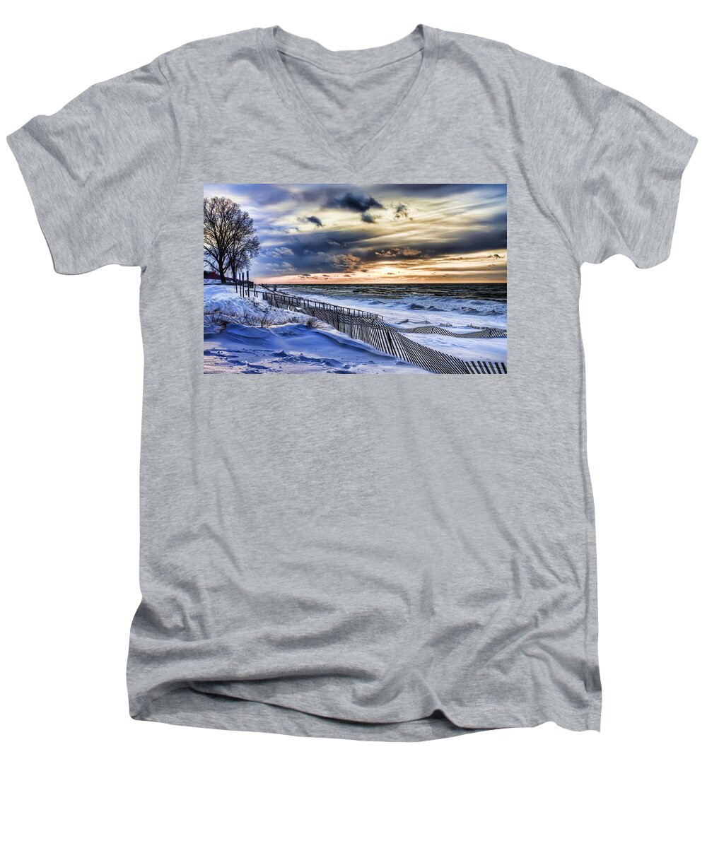 Evie Men's V-Neck T-Shirt featuring the photograph January on Lake Michigan by Evie Carrier