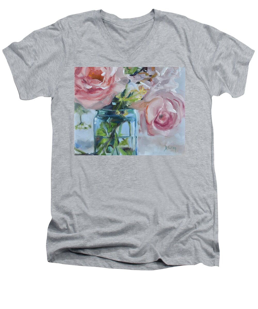 Rose Men's V-Neck T-Shirt featuring the painting Jar of Pink by Donna Tuten