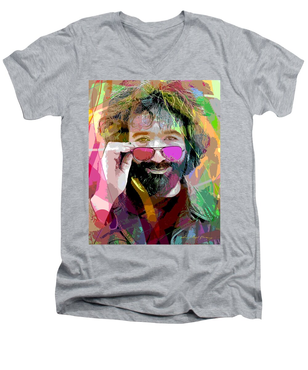 Pop Art Men's V-Neck T-Shirt featuring the painting Jerry Garcia Art by David Lloyd Glover