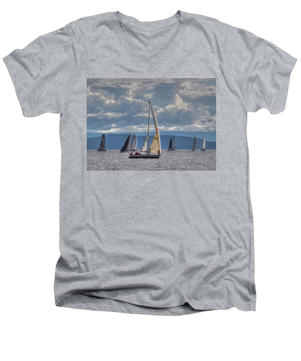 Sloop Men's V-Neck T-Shirt featuring the photograph Jockeying For Position by Randy Hall