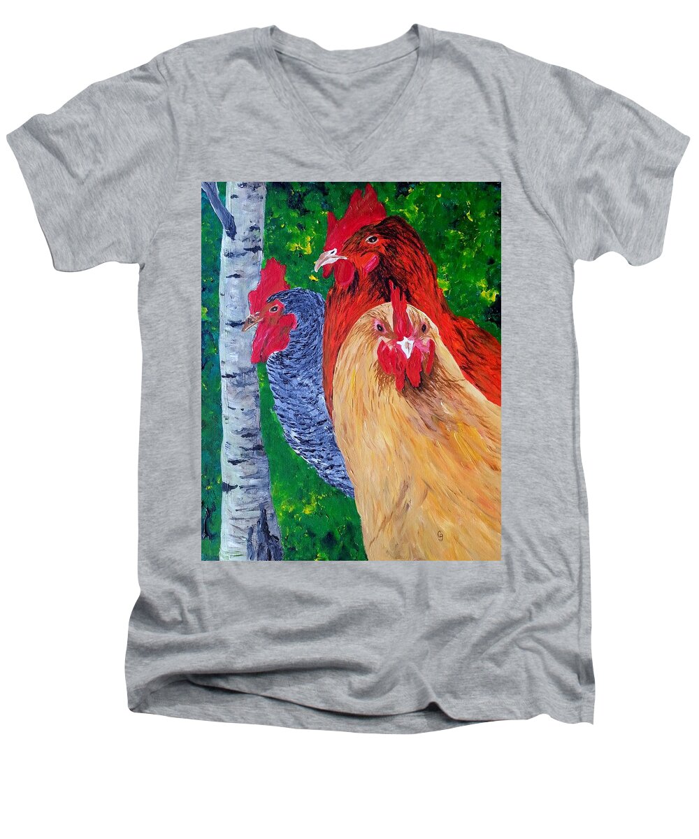 Rooster Paintings Men's V-Neck T-Shirt featuring the painting John's Chickens by Cheryl Nancy Ann Gordon