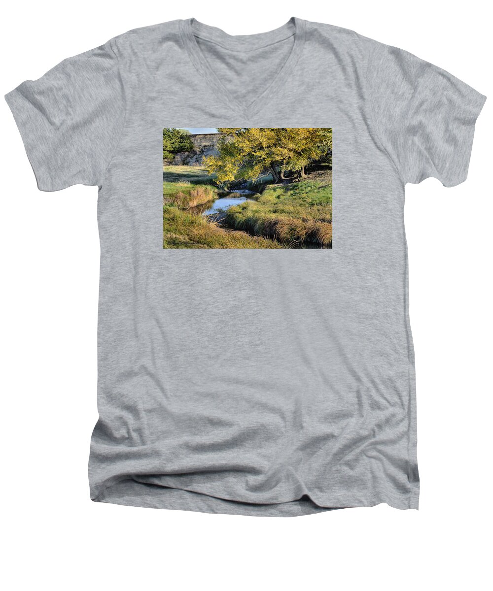 Landscape Men's V-Neck T-Shirt featuring the drawing Jordan Creek Autumn by Bruce Morrison