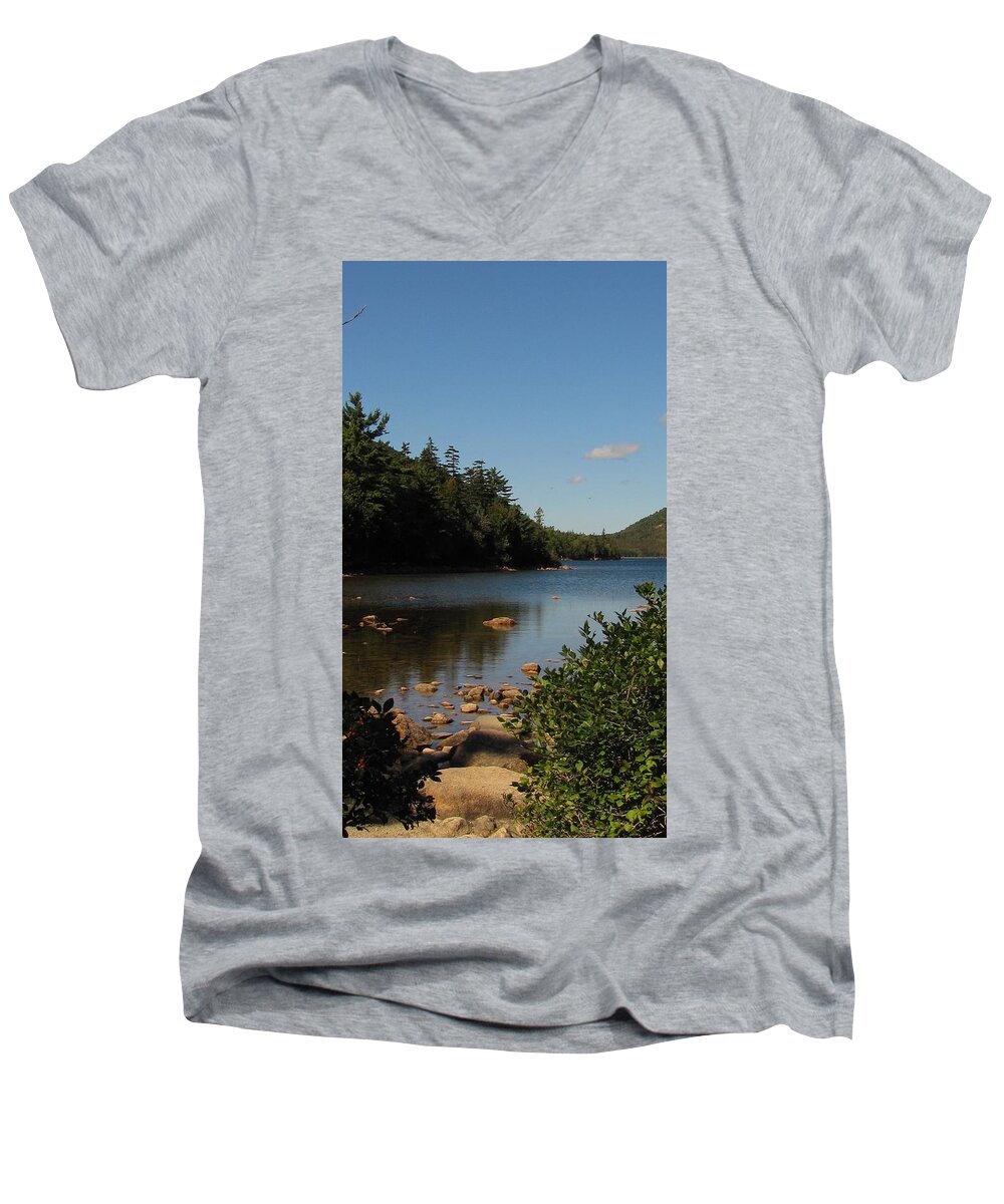 Jordan Pond Men's V-Neck T-Shirt featuring the photograph Jordan Pond Bar Harbor Maine by Jennifer Wheatley Wolf