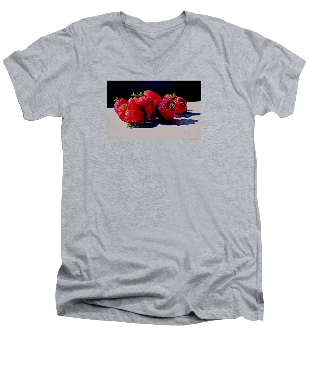 Berries Men's V-Neck T-Shirt featuring the painting Juicy Strawberries by Sher Nasser