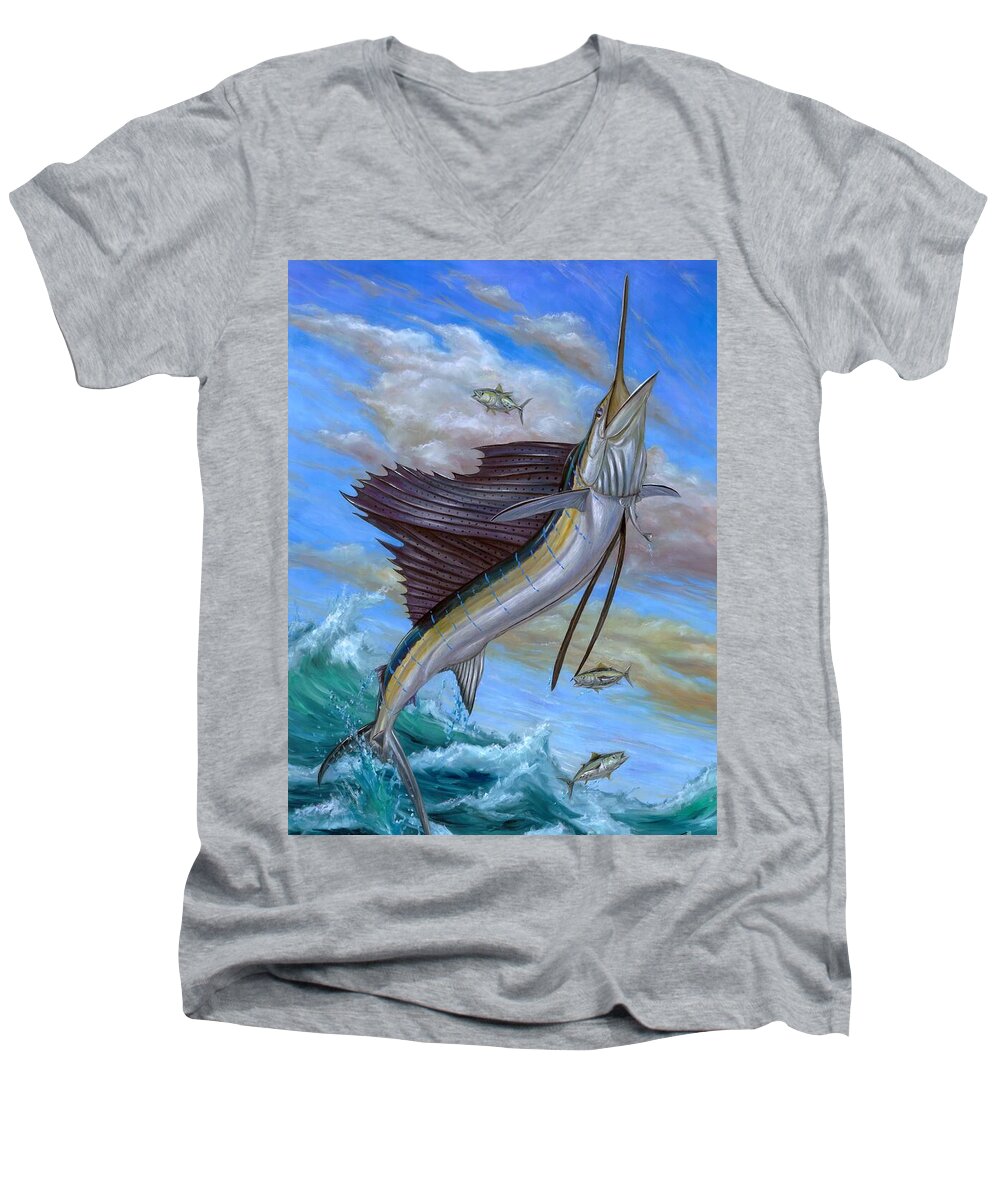 Sailfish Men's V-Neck T-Shirt featuring the painting Jumping Sailfish by Terry Fox