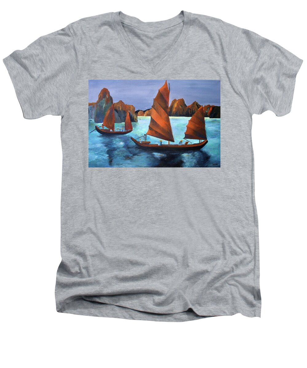 Fishing Men's V-Neck T-Shirt featuring the painting Junks In the Descending Dragon Bay by Taiche Acrylic Art