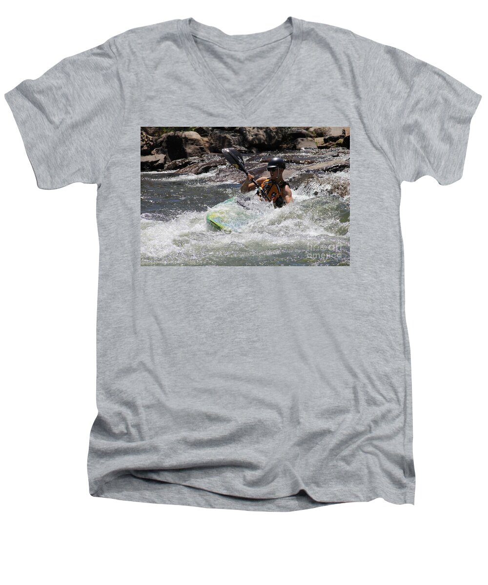 Kayaking Men's V-Neck T-Shirt featuring the pyrography Kayaking in Golden by Chris Thomas