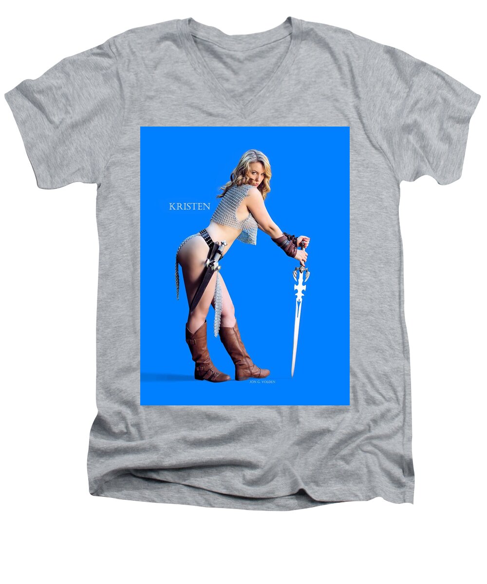 Pinup Men's V-Neck T-Shirt featuring the photograph Kirsten Vgirl PinUp by Jon Volden