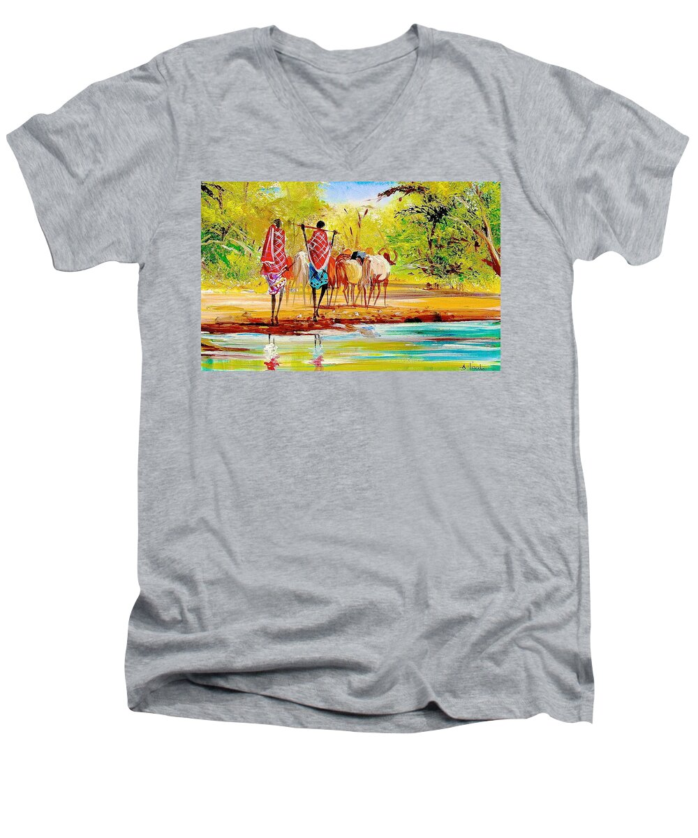 African Paintings Men's V-Neck T-Shirt featuring the painting L 98 by Albert Lizah