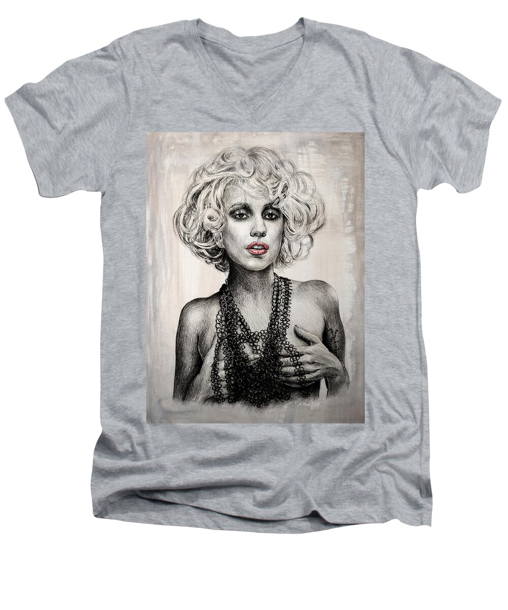 Lady Gaga Men's V-Neck T-Shirt featuring the drawing Lady GaGa by Andrew Read