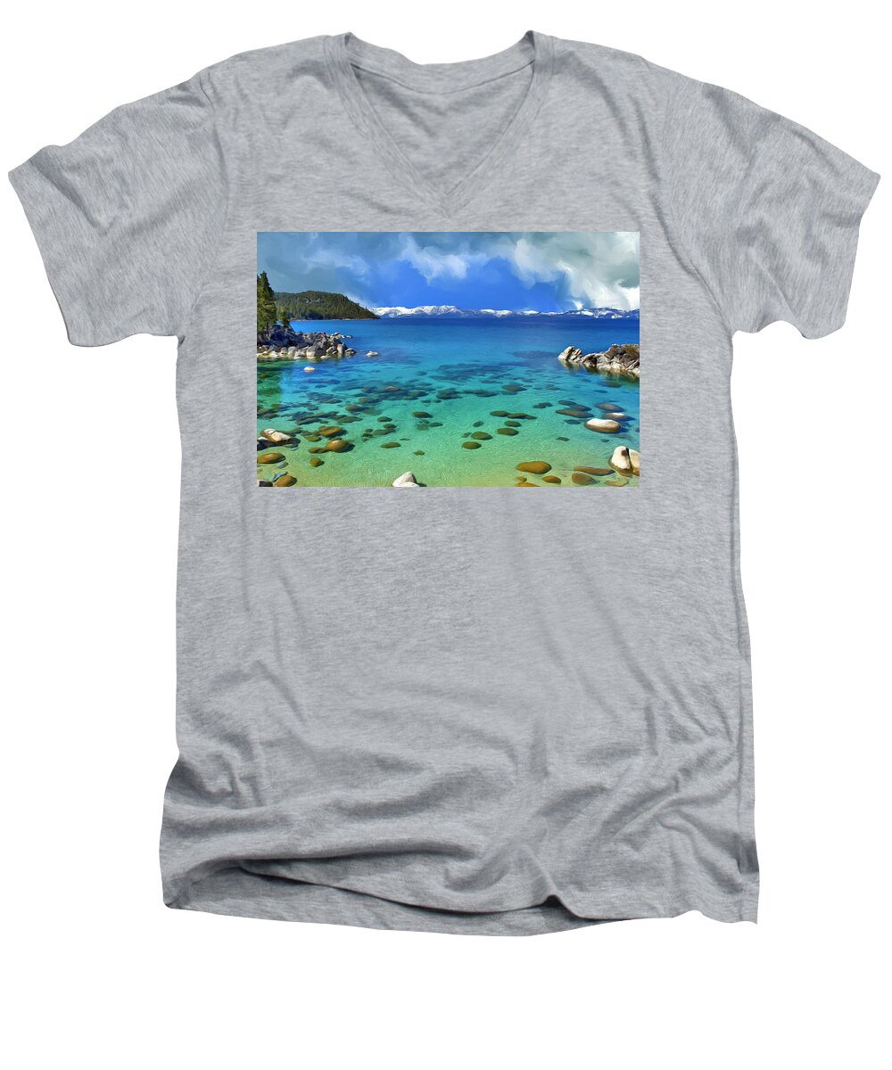 Lake Tahoe Men's V-Neck T-Shirt featuring the painting Lake Tahoe Cove by Dominic Piperata