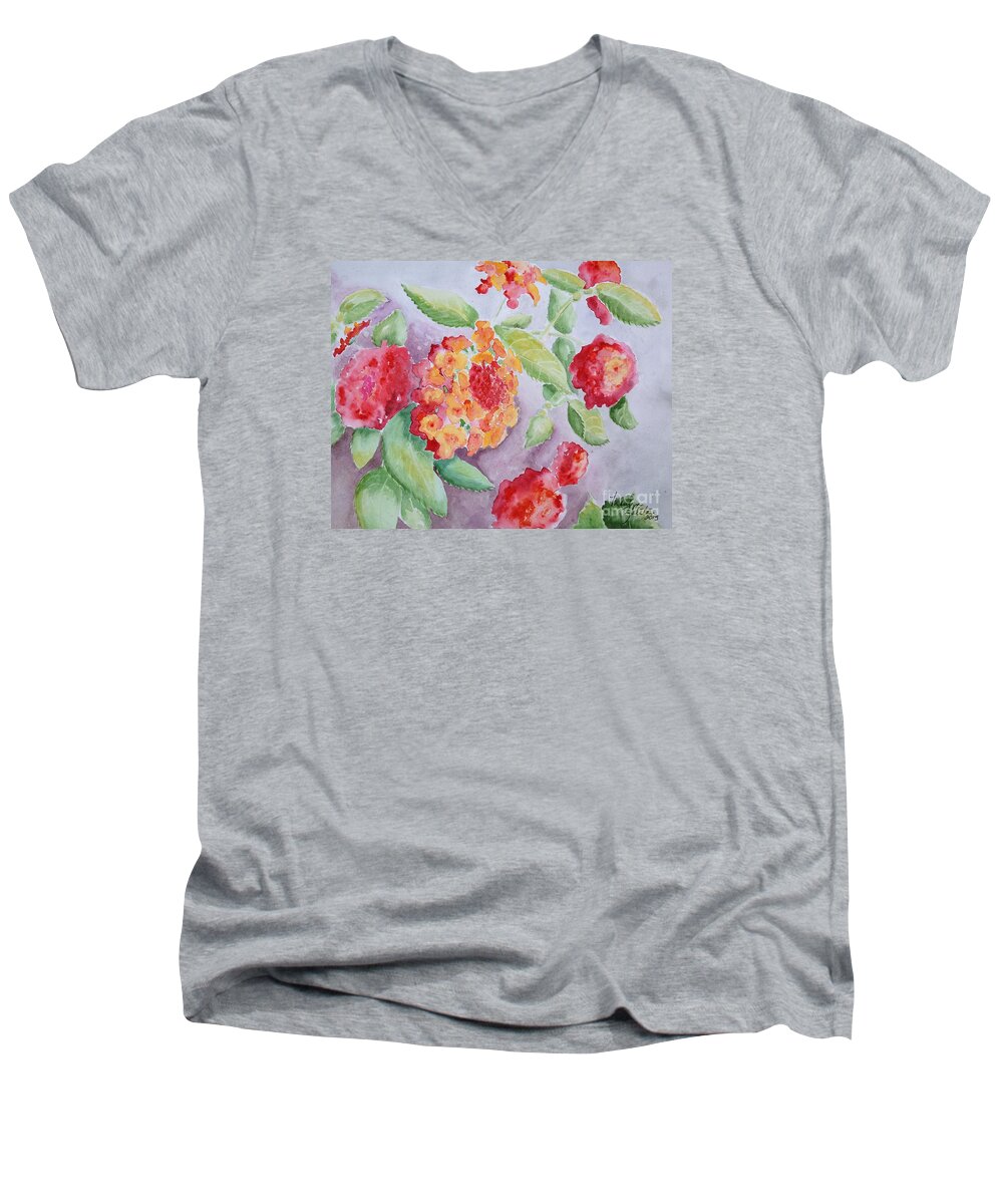 Garden Men's V-Neck T-Shirt featuring the painting Lantana by Marilyn Zalatan