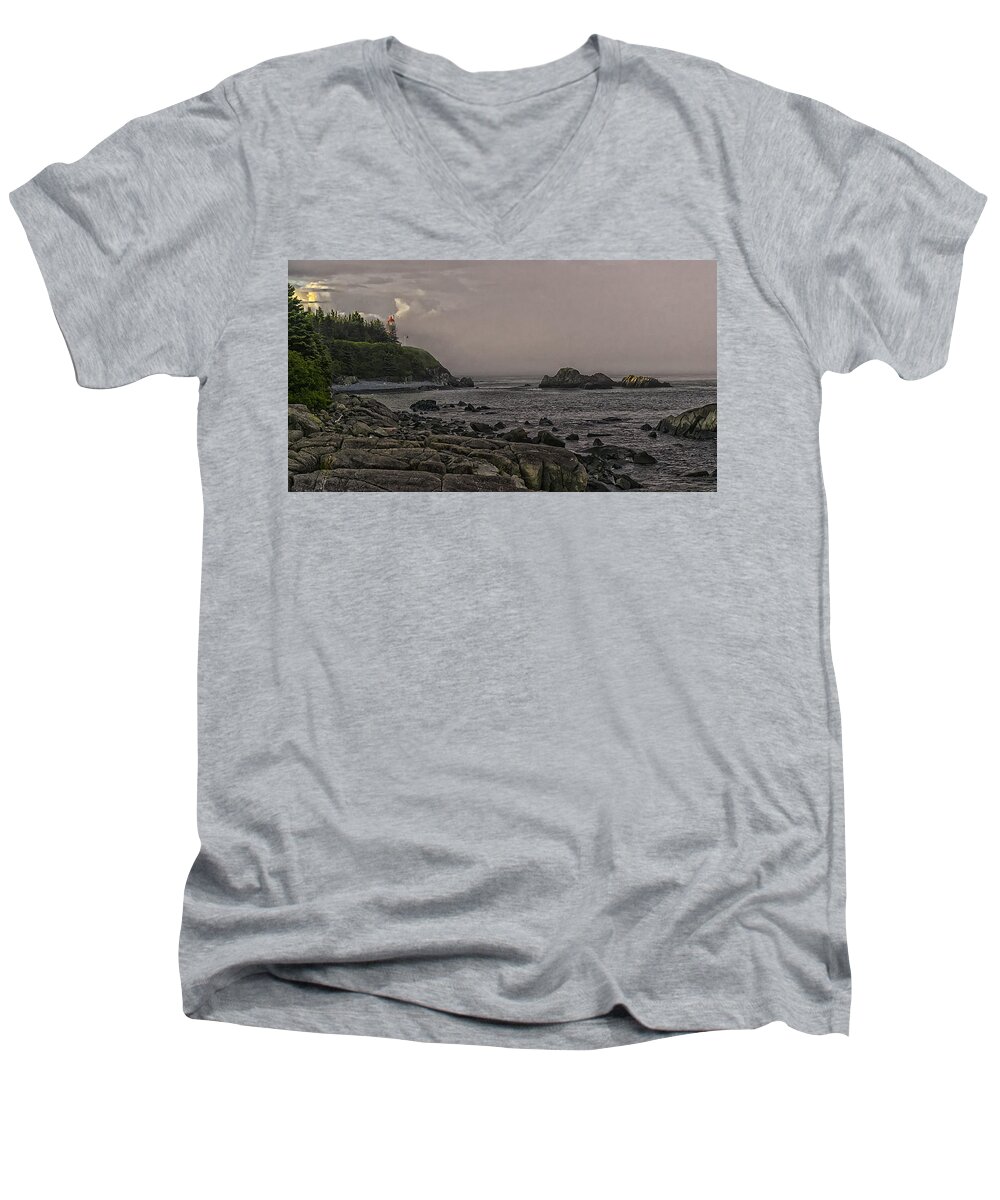 Late Afternoon Sun On West Quoddy Head Lighthouse Men's V-Neck T-Shirt featuring the photograph Late Afternoon Sun on West Quoddy Head Lighthouse by Marty Saccone