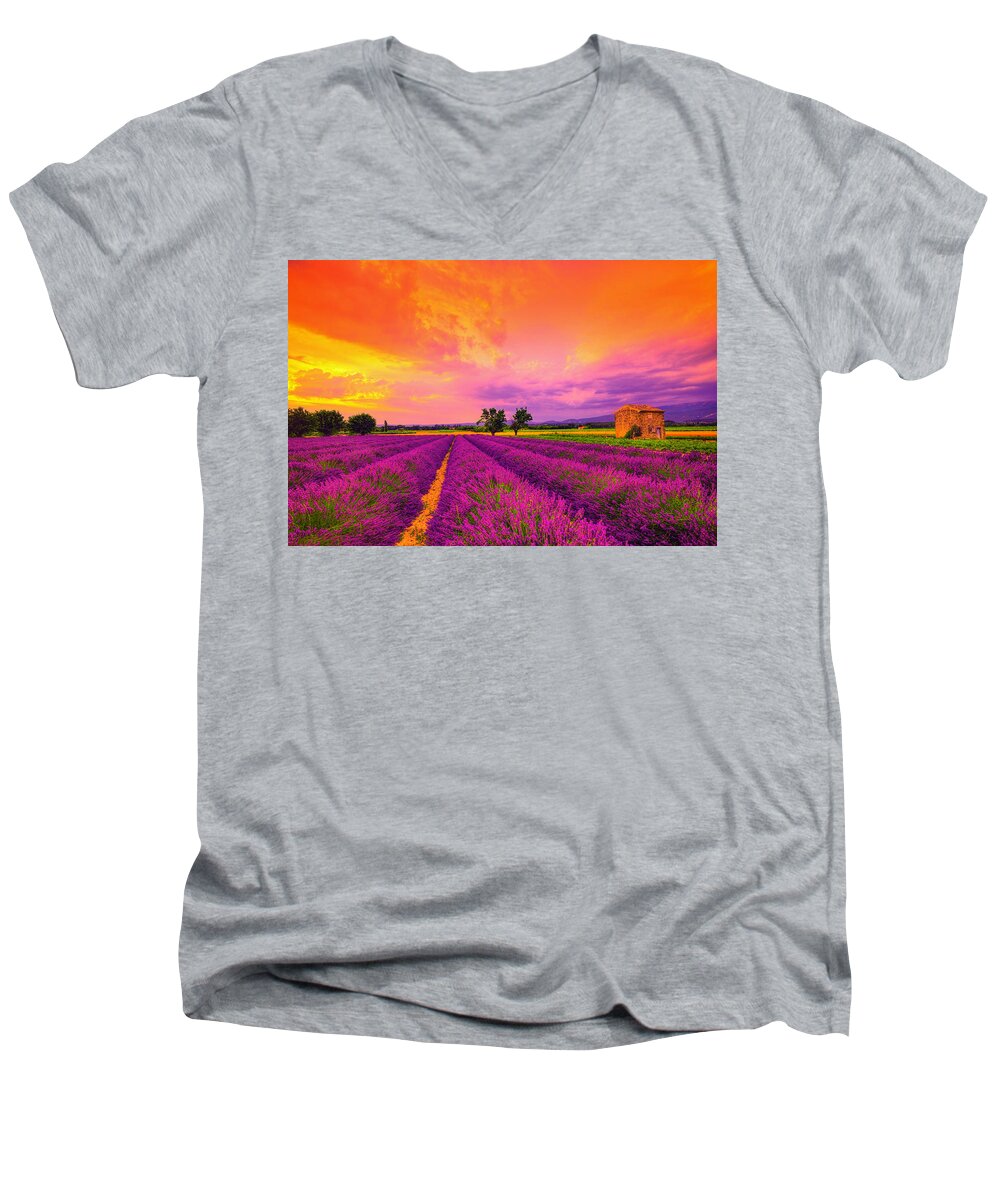 Lavender Men's V-Neck T-Shirt featuring the photograph Lavender Sunset by Midori Chan