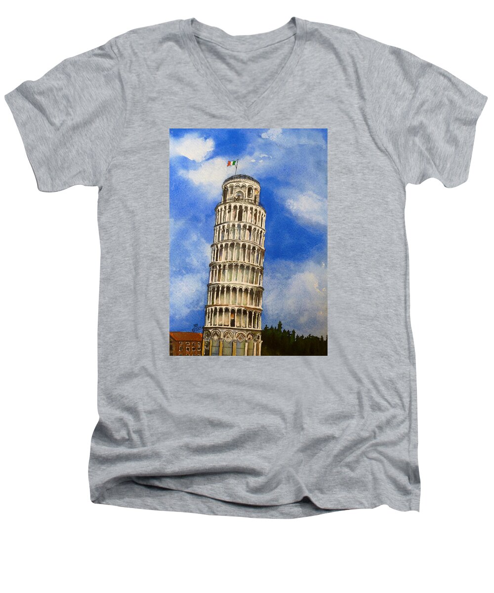 Leaning Tower Men's V-Neck T-Shirt featuring the painting Leaning Tower of Pisa by Michal Madison