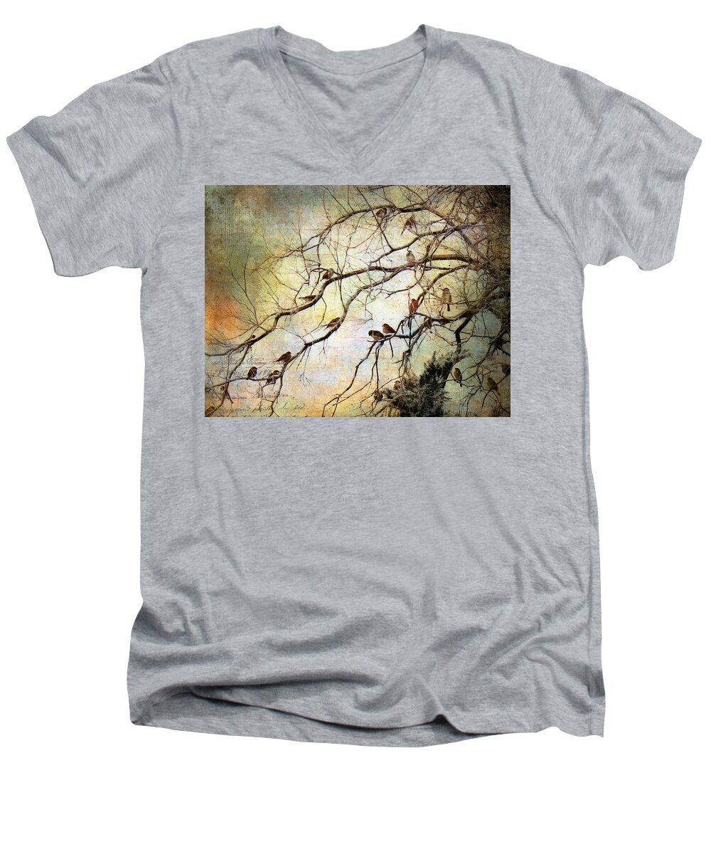Tiny Birds Men's V-Neck T-Shirt featuring the painting Les Petits Oiseaux by Barbara Chichester