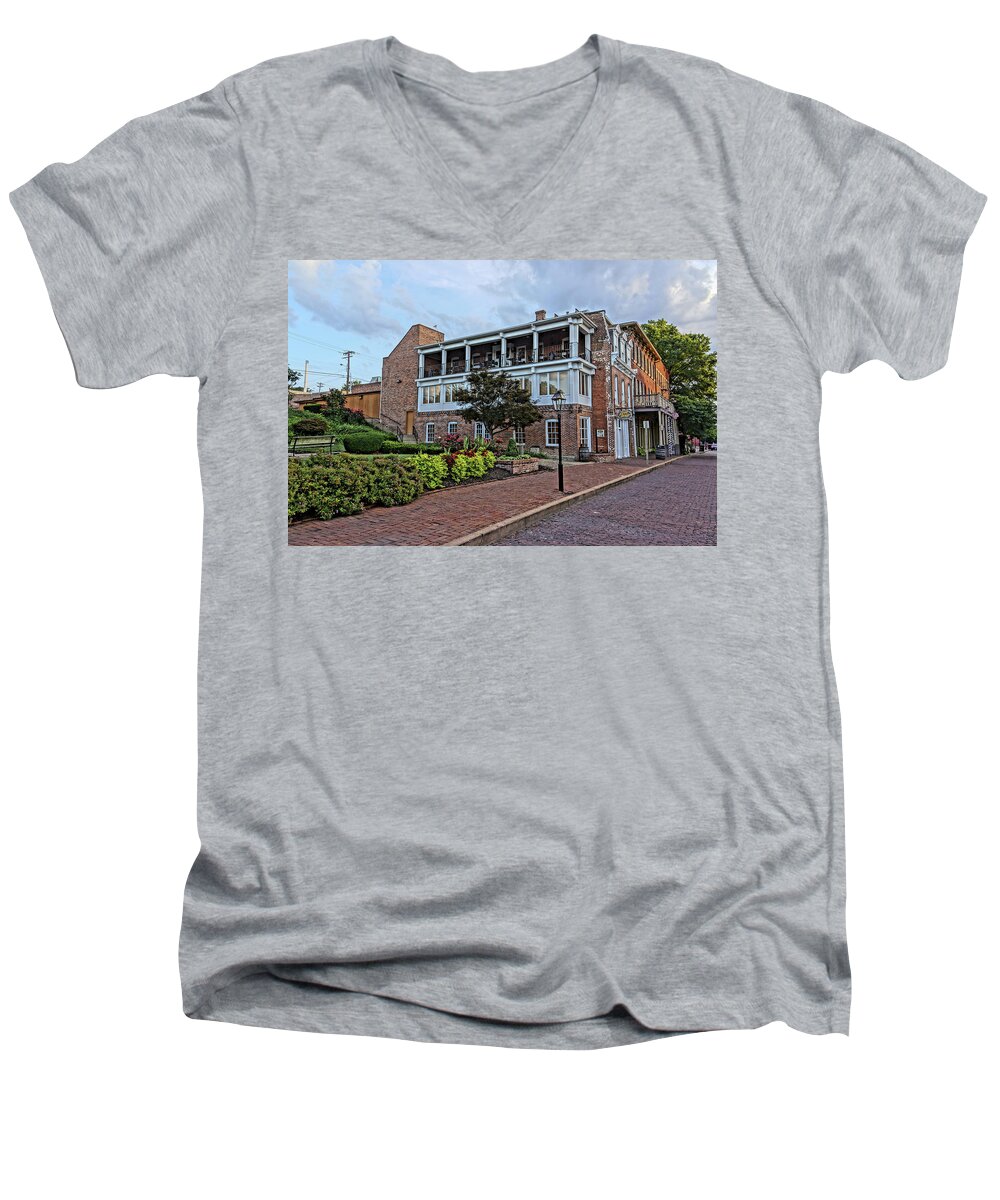 Lewis & Clark Men's V-Neck T-Shirt featuring the photograph Lewis and Clark Restaurant St Charles MO DSC00825 by Greg Kluempers