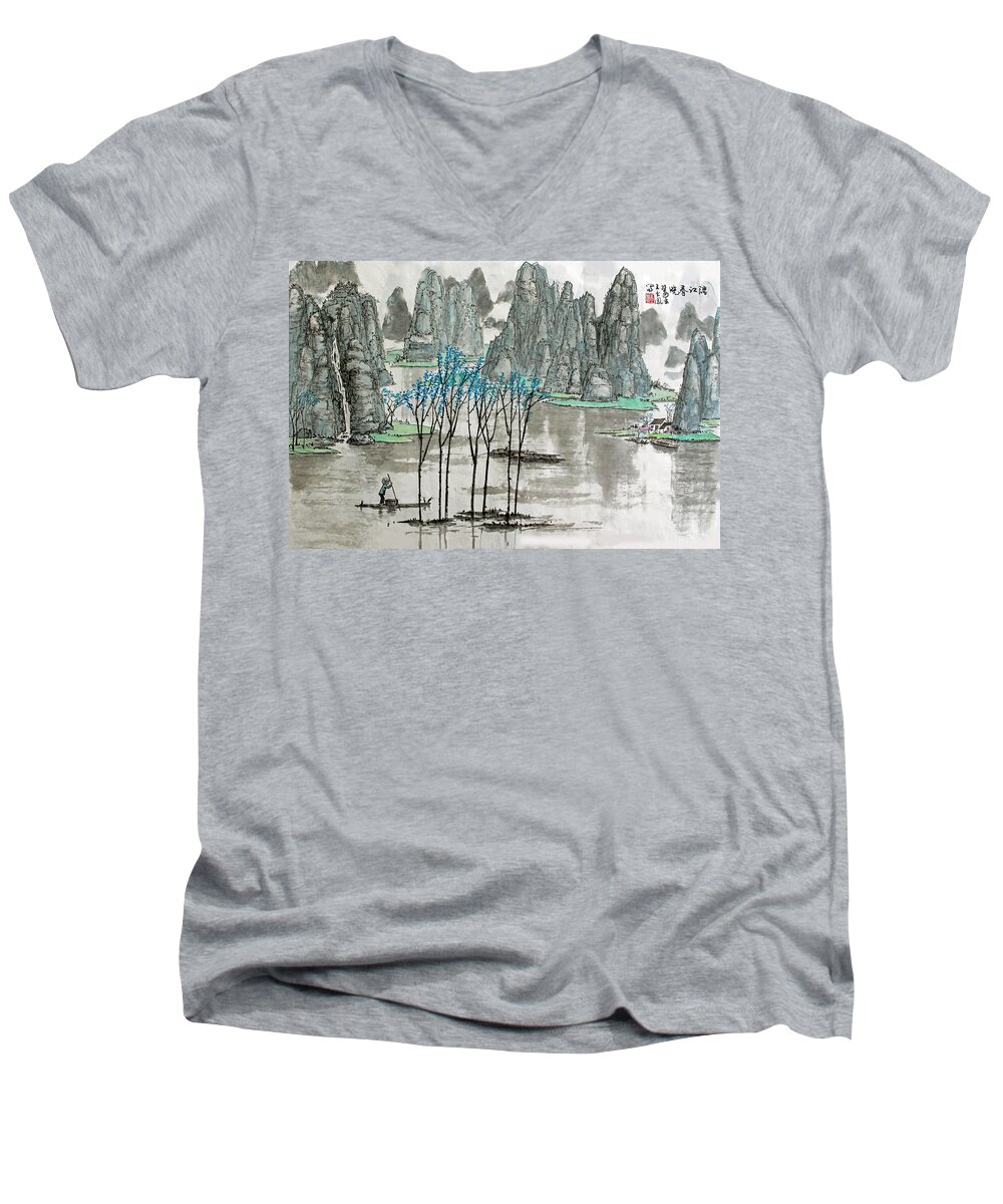 Landscape Men's V-Neck T-Shirt featuring the photograph Li River in Spring by Yufeng Wang