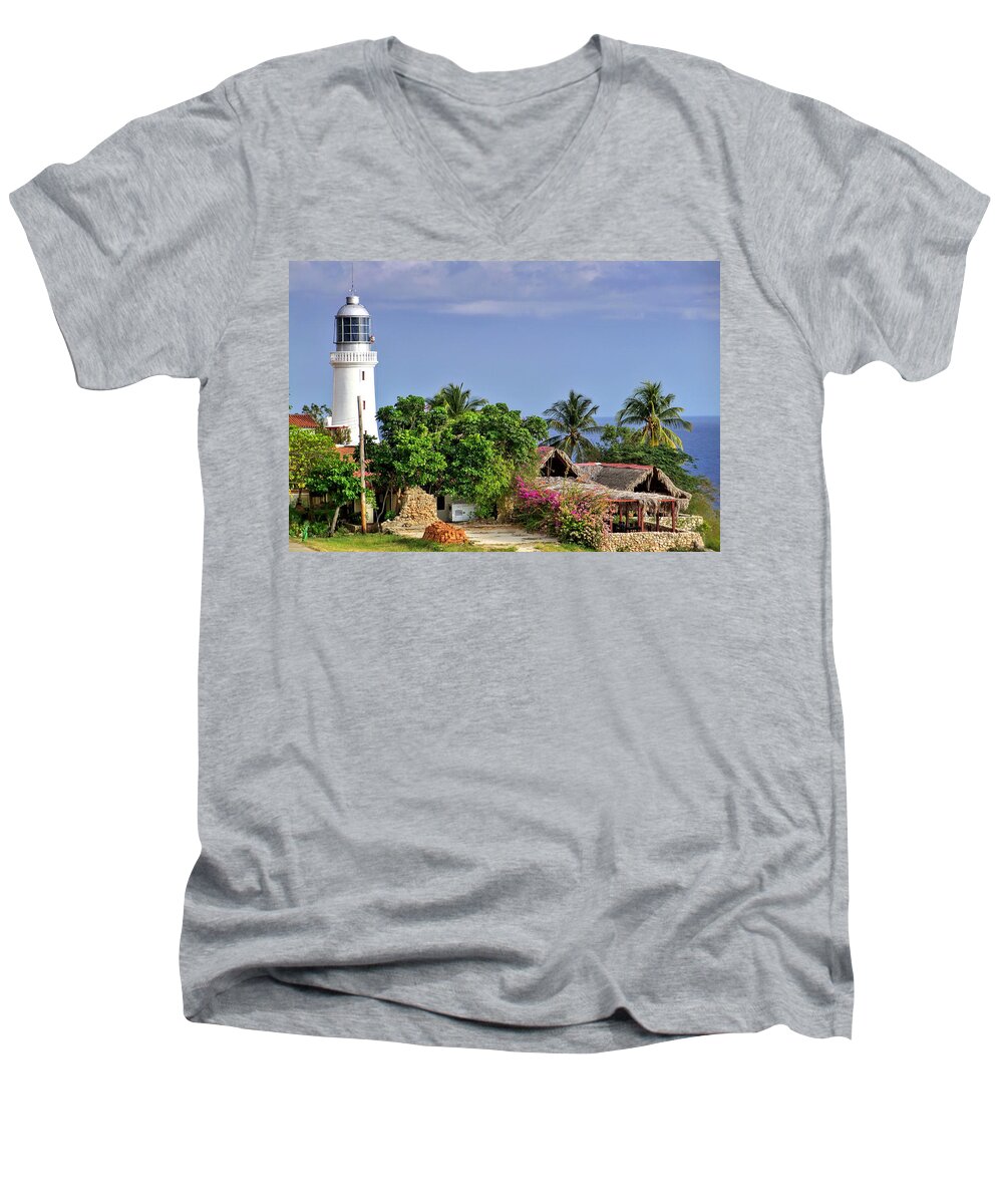 Lighthouse Men's V-Neck T-Shirt featuring the photograph Lighthouse Santiago de Cuba by Lynn Bolt