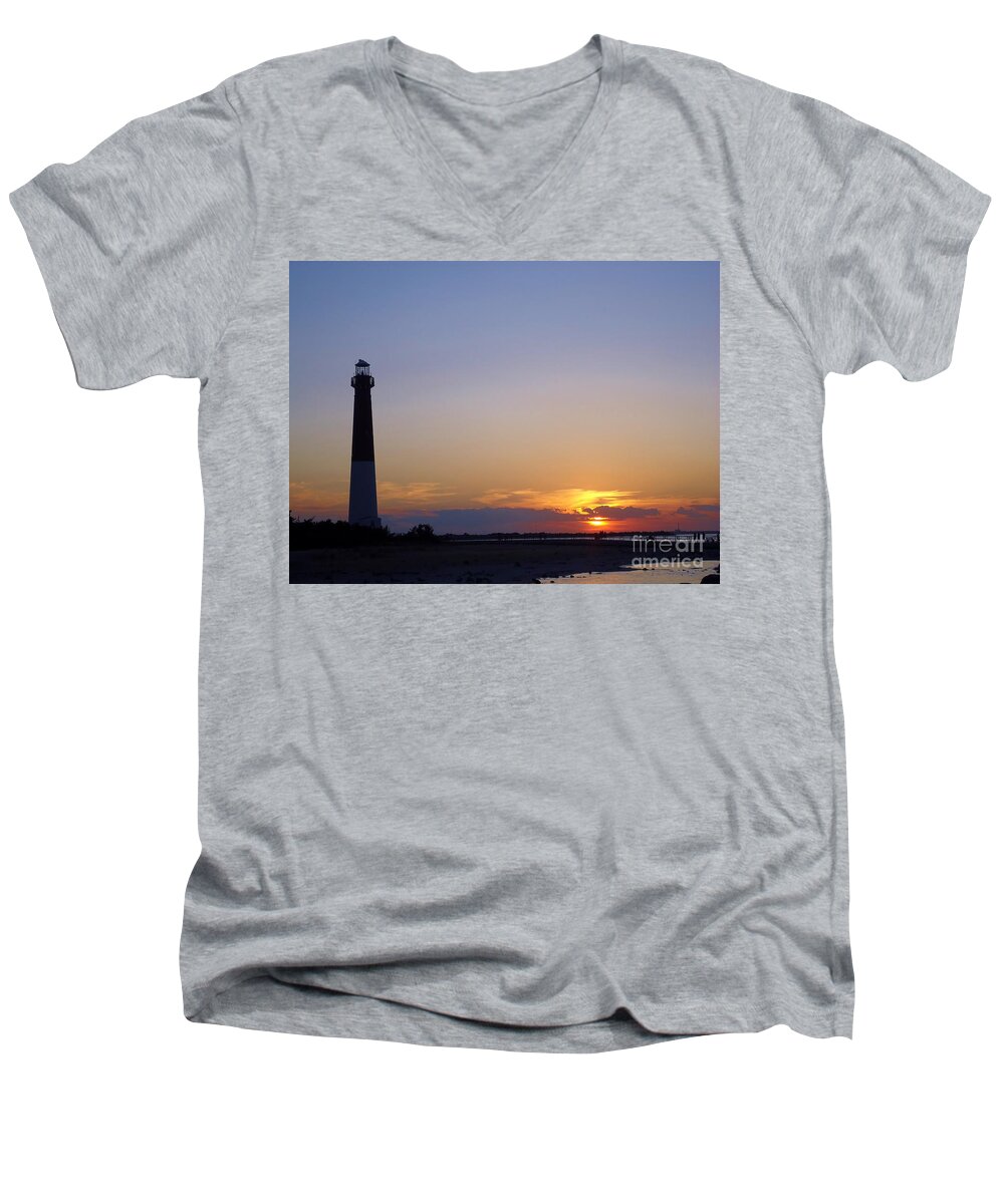 Sunrise Men's V-Neck T-Shirt featuring the photograph Lighthouse Sunset by Art Dingo