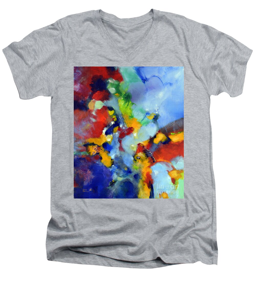 Abstract Men's V-Neck T-Shirt featuring the painting Lilt by Sally Trace