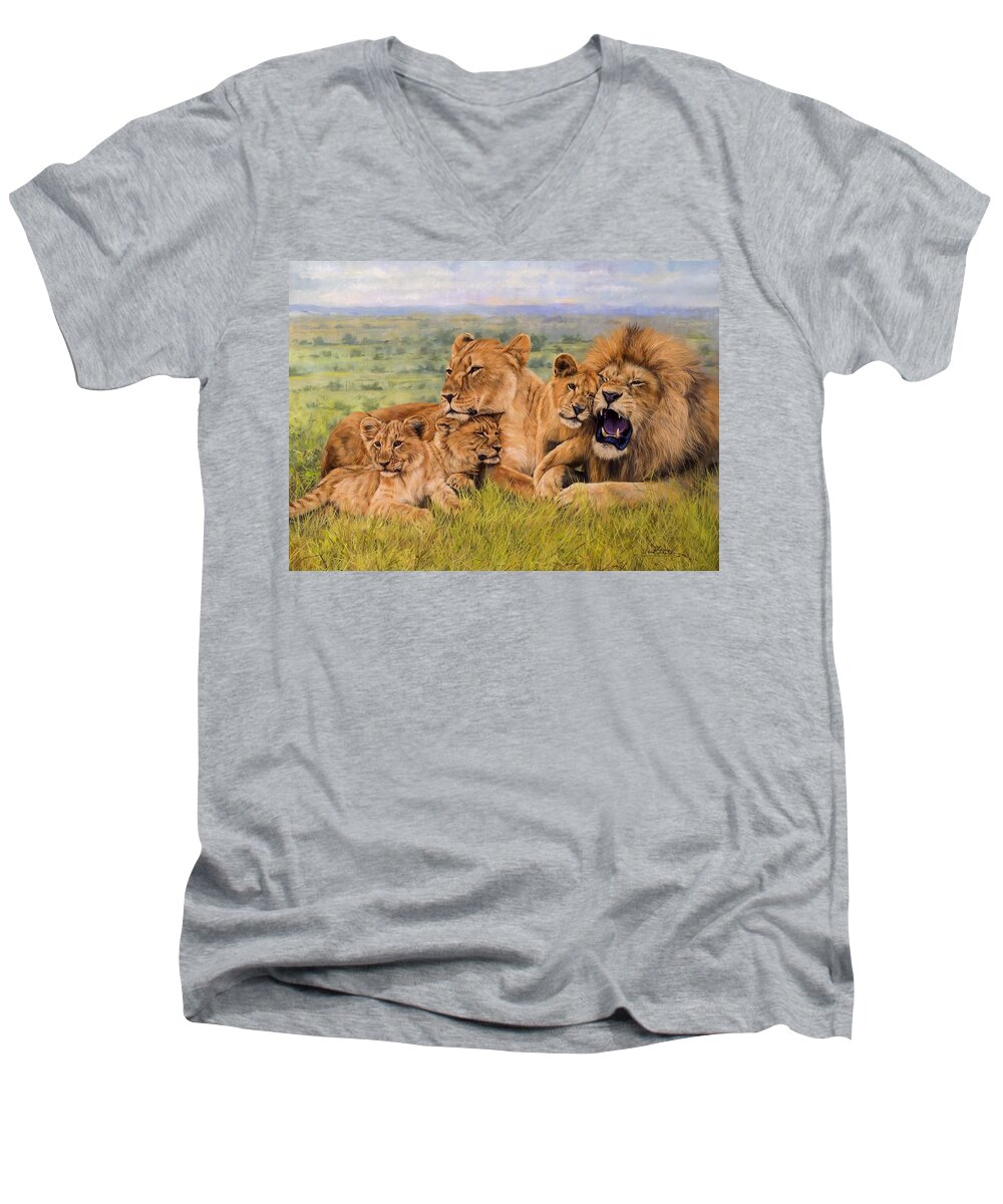 Lion Men's V-Neck T-Shirt featuring the painting Lion Family by David Stribbling