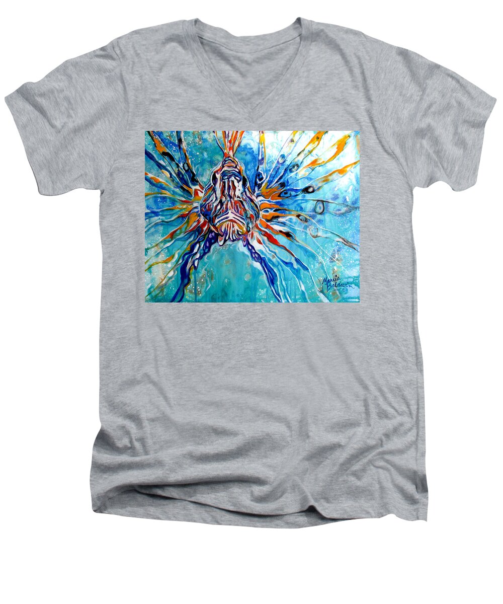 Fish Men's V-Neck T-Shirt featuring the painting Lion Fish Blue by Marcia Baldwin