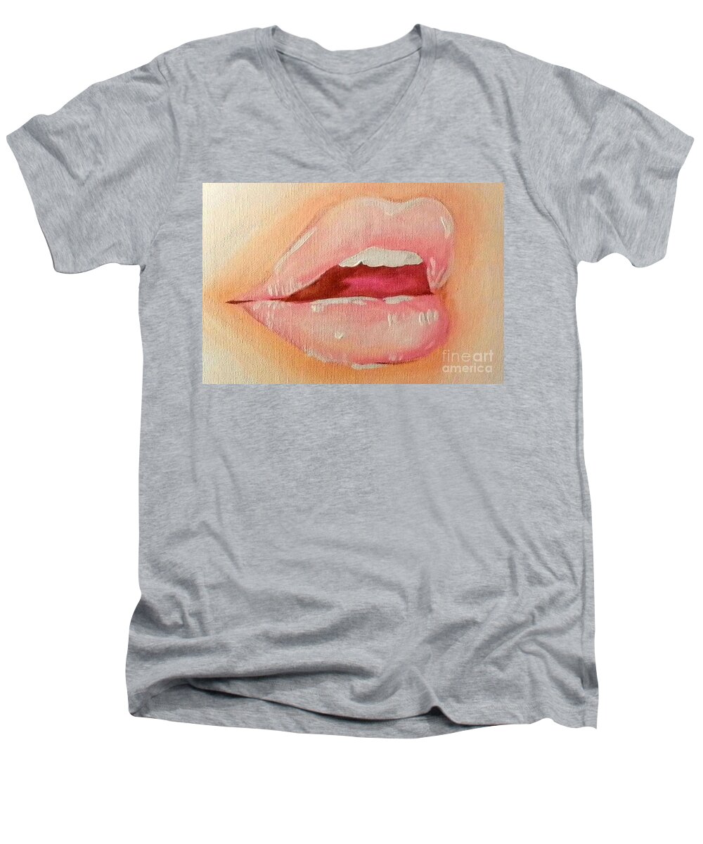 Marisela Mungia Men's V-Neck T-Shirt featuring the painting Lips Soft by Marisela Mungia
