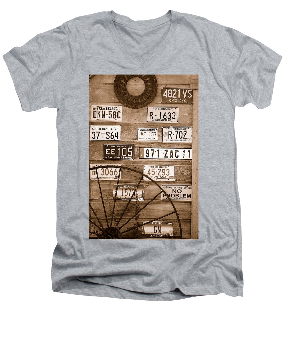 Vintage Liscense Plates Wagon Iron Wheels Blades Gears Rustic Shed Wood Wall Huntsville Utah Men's V-Neck T-Shirt featuring the photograph Liscensed Shed Wall by Holly Blunkall