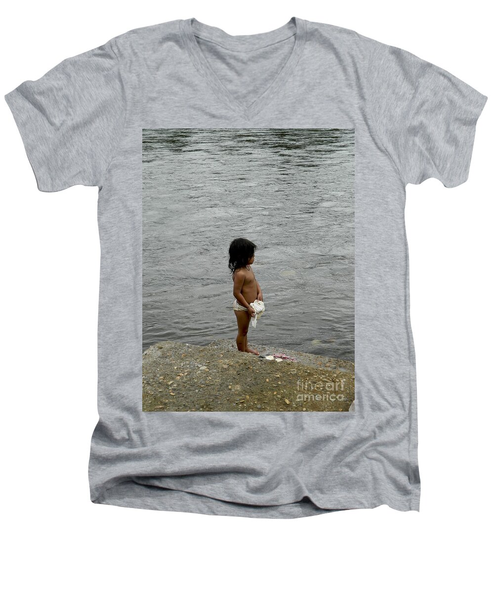 Ecuador Men's V-Neck T-Shirt featuring the photograph Little Laundress by Kathy McClure