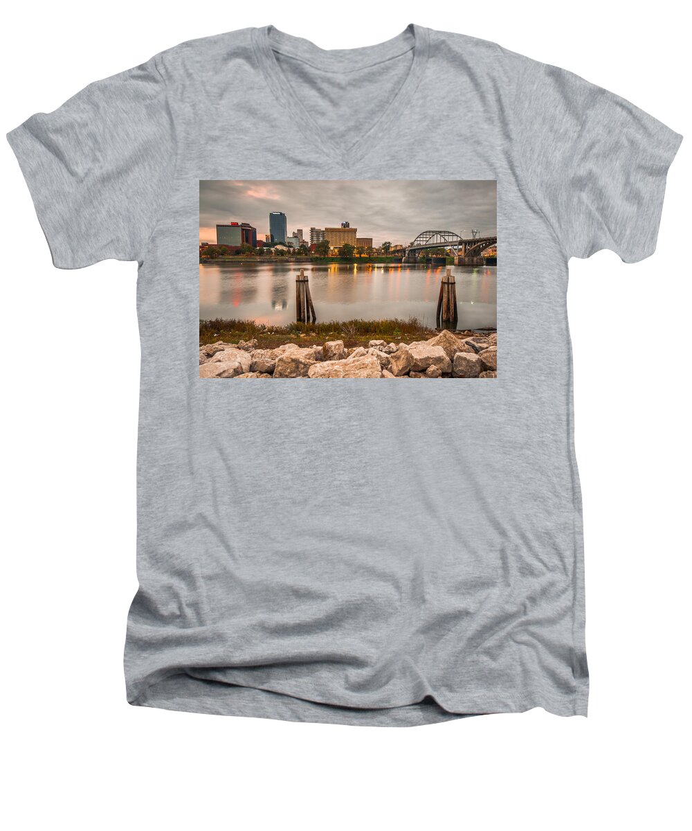 Little Rock Men's V-Neck T-Shirt featuring the photograph Little Rock Arkansas Skyline from the River by Gregory Ballos