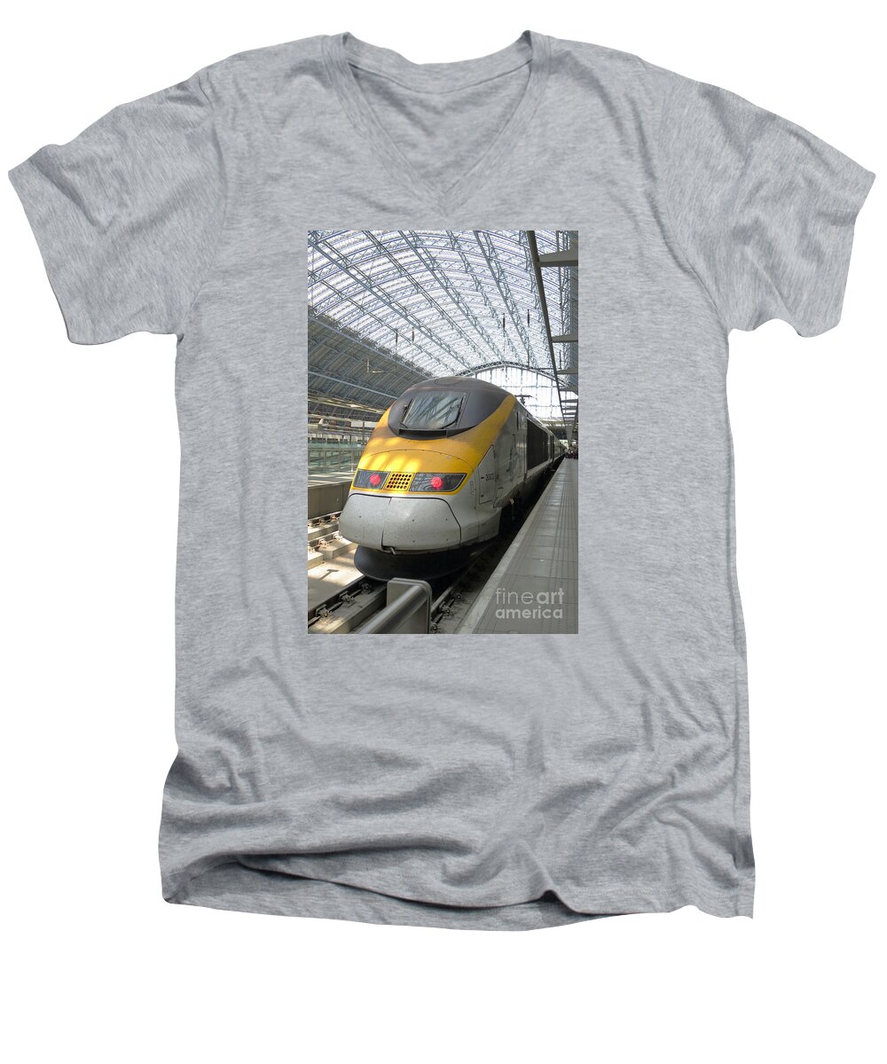 Train Men's V-Neck T-Shirt featuring the photograph London Arrival by Ann Horn