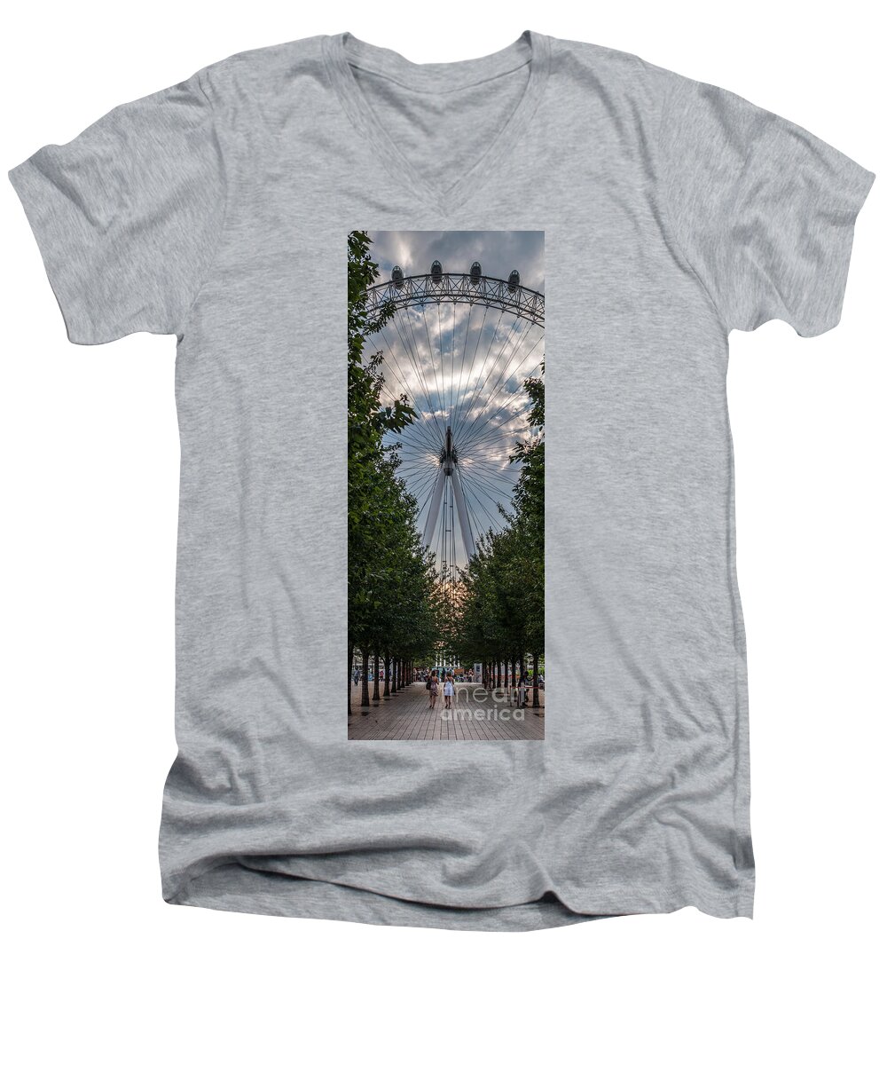 London Men's V-Neck T-Shirt featuring the photograph London Eye Vertical Panorama by Matt Malloy