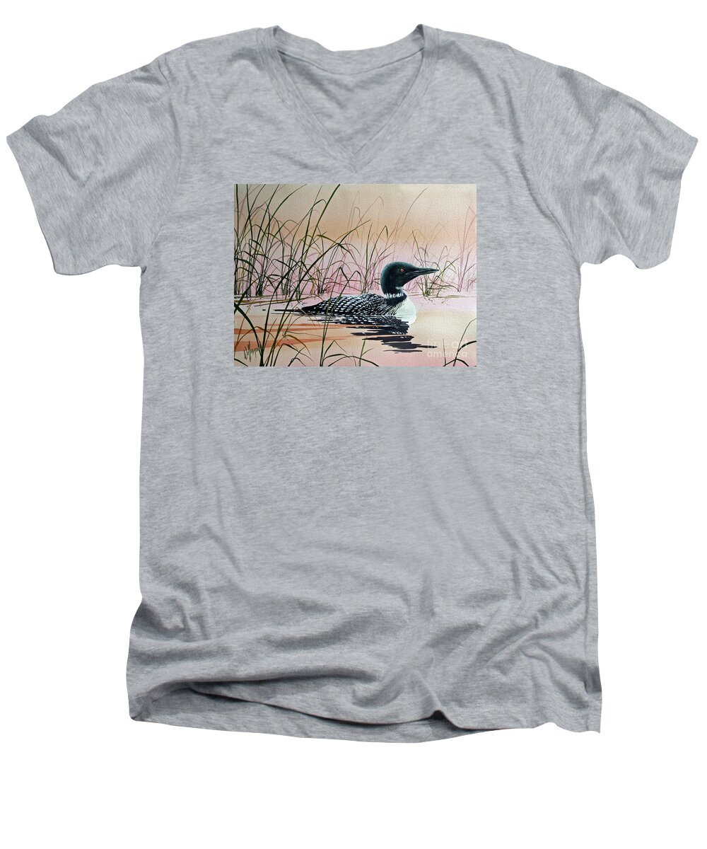 Loon Men's V-Neck T-Shirt featuring the painting Loon Sunset by James Williamson