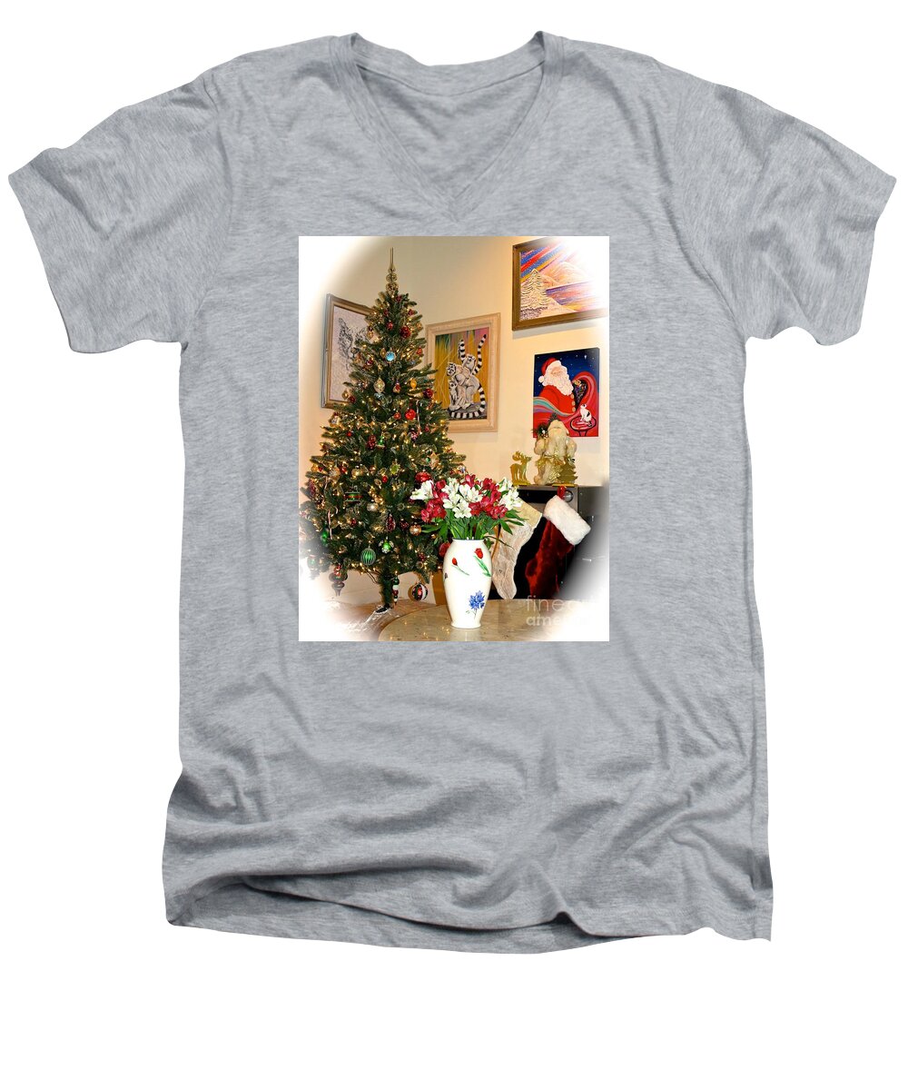 Love In Our Hearts Men's V-Neck T-Shirt featuring the photograph Love in Our Hearts and Santa in the Corner by Phyllis Kaltenbach