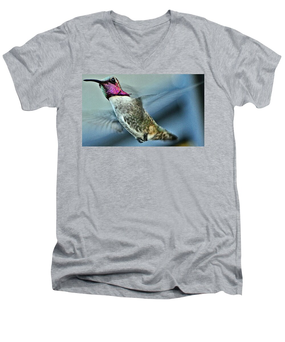 Hummingbird Men's V-Neck T-Shirt featuring the photograph Male Hummingbird Free As A Bird by Jay Milo