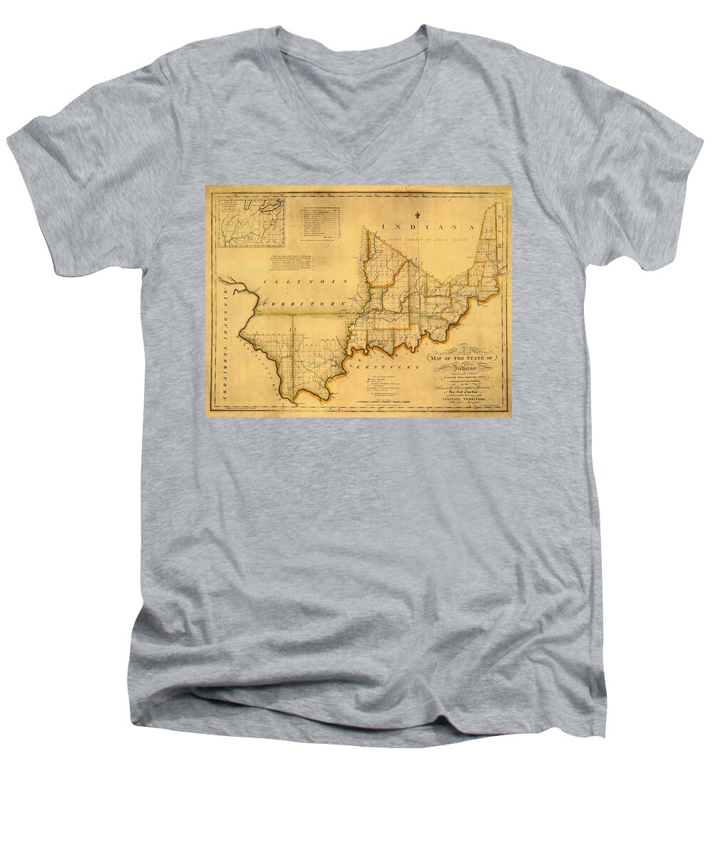 Indiana Men's V-Neck T-Shirt featuring the photograph Map of Indiana 1817 by Andrew Fare