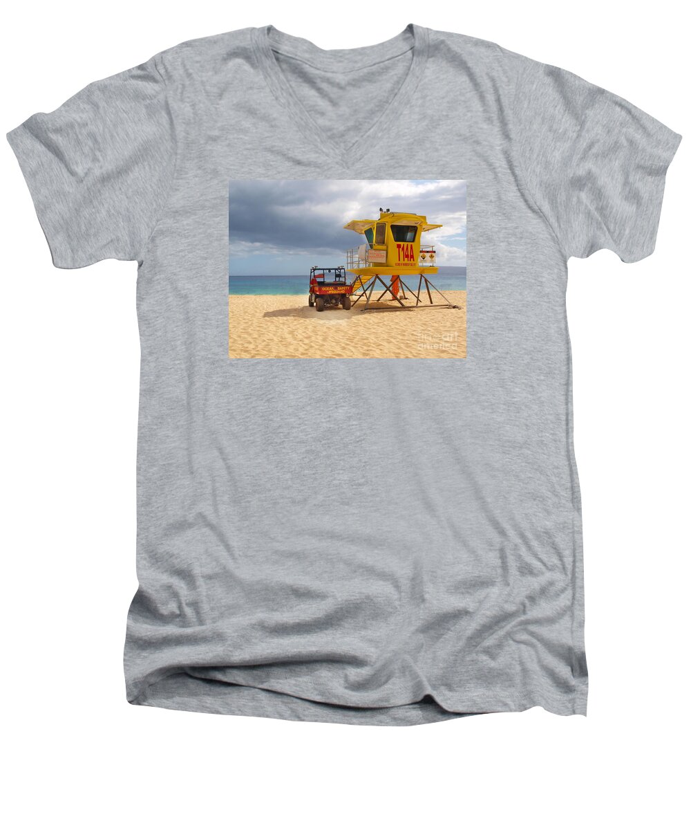 Yellow Men's V-Neck T-Shirt featuring the photograph Maui Lifeguard Tower by Vivian Martin
