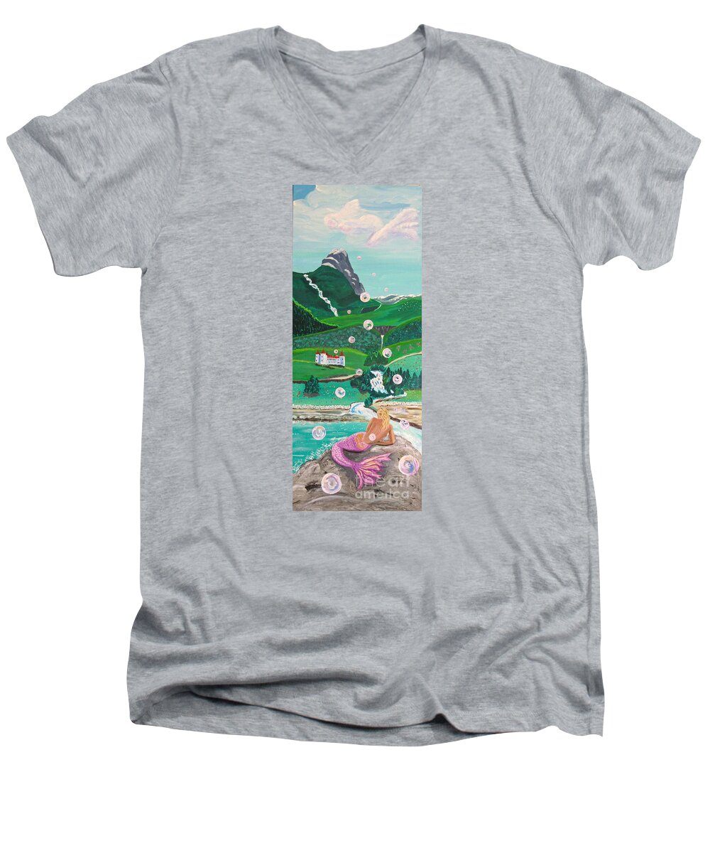 Mermaids Men's V-Neck T-Shirt featuring the painting Mermaid In Norweigen Setting by Phyllis Kaltenbach