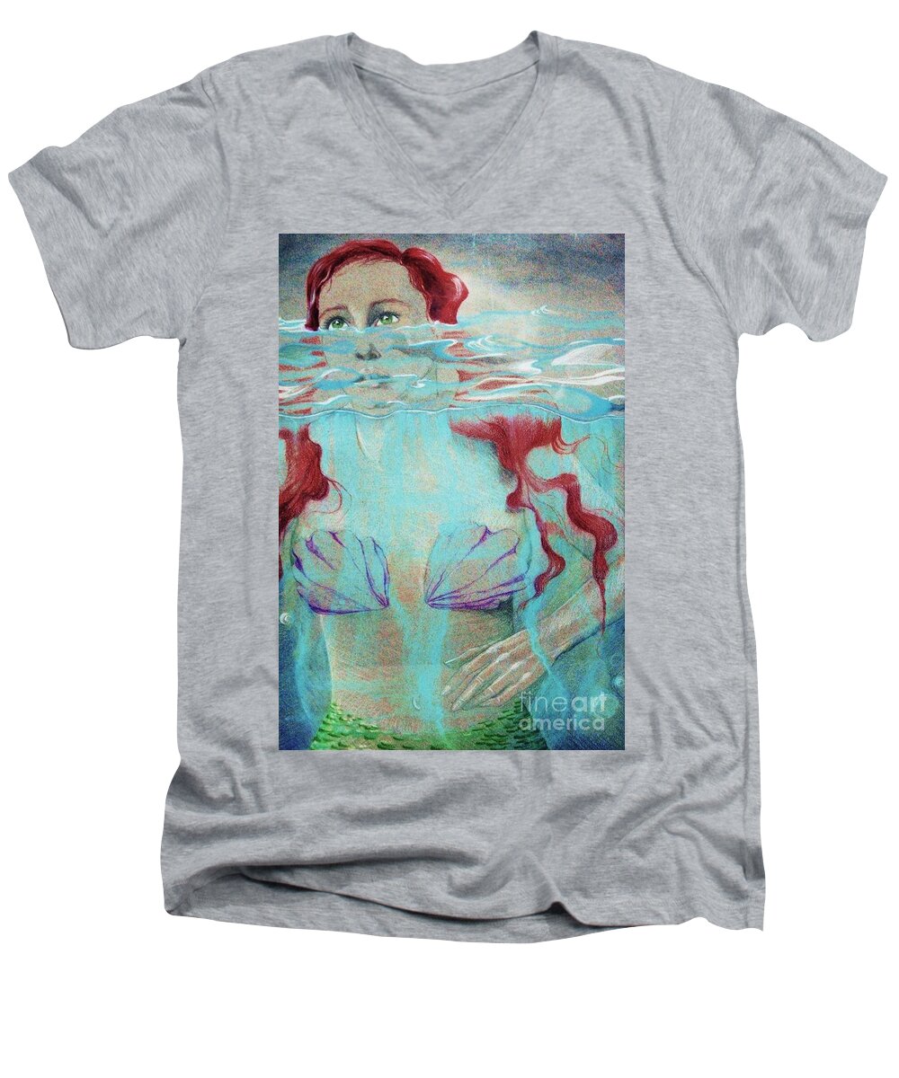 Pastel By My Second Daughter Men's V-Neck T-Shirt featuring the digital art Mermaid by Annie Gibbons
