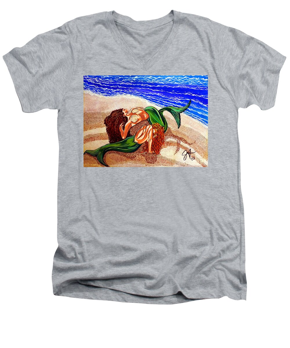Mermaids Men's V-Neck T-Shirt featuring the painting Mermaids Spent Jackie Carpenter by Jackie Carpenter