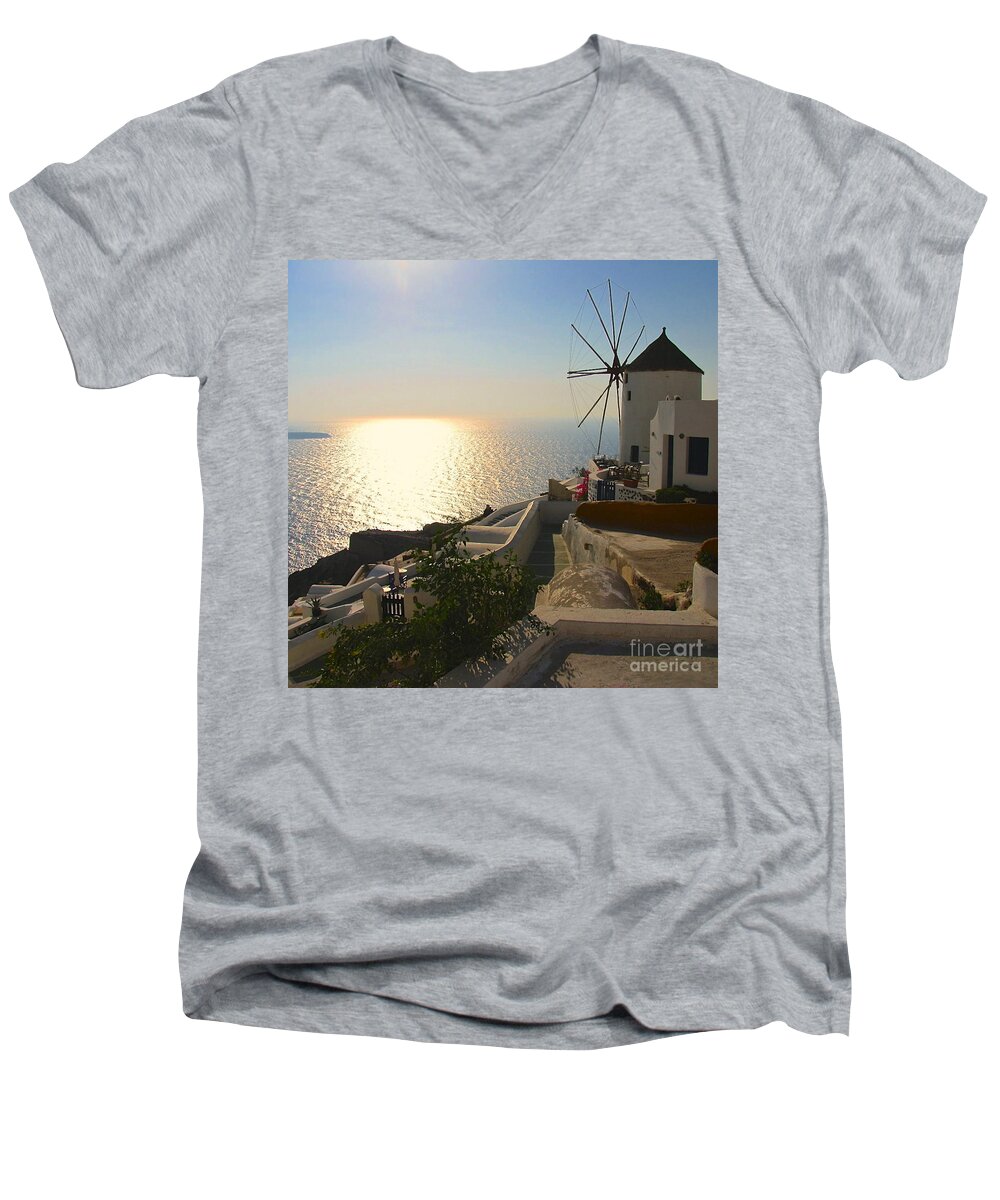 Santorini Greece Men's V-Neck T-Shirt featuring the photograph Midday on Santorini by Suzanne Oesterling
